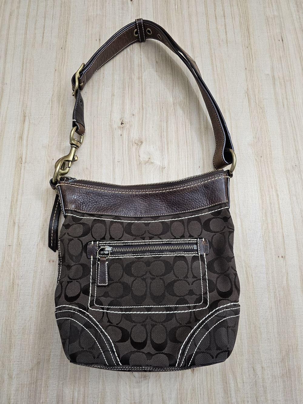 Coach Authentic Chocolate Brown Signature-Pattern Shoulder Bag